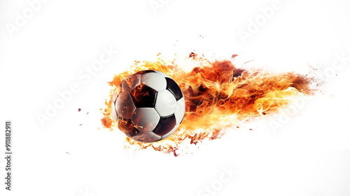 Close Up to a Soccer Ball Flying with Burning Fire Flame PNG isolated on white and transparent background - Flying Football trajectory Flame effect Soccer kick Ball Motion Impact Sports Concept