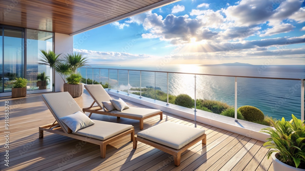 Fototapeta premium Luxurious sunbeds and comfortable outdoor furniture adorn the terrace of a modern apartment, boasting breathtaking sea views and serene coastal ambiance.
