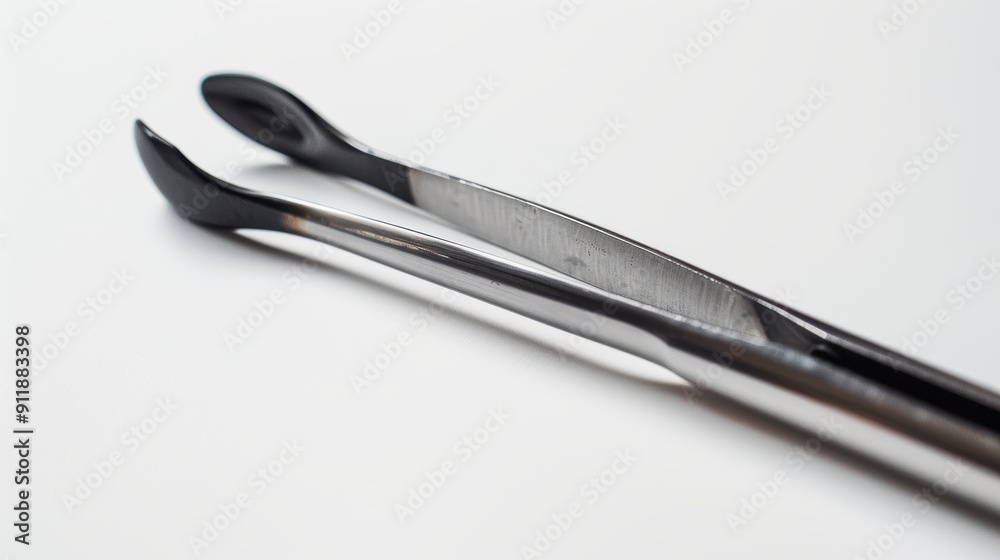 Shiny black tongs on white kitchen surface, perfect for cooking and serving. Stainless steel, modern look with copy space Shiny black tongs on white kitchen surface, perfect for cooking and serving. Stainless steel, modern look with copy space