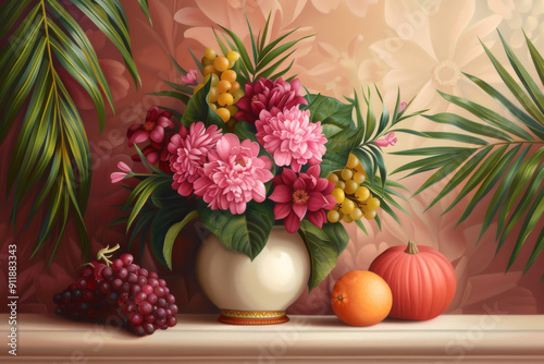 Wallpaper Mural A vibrant floral arrangement with pink flowers, fruits, and lush green leaves, perfect for home decor and botanical inspiration. Torontodigital.ca