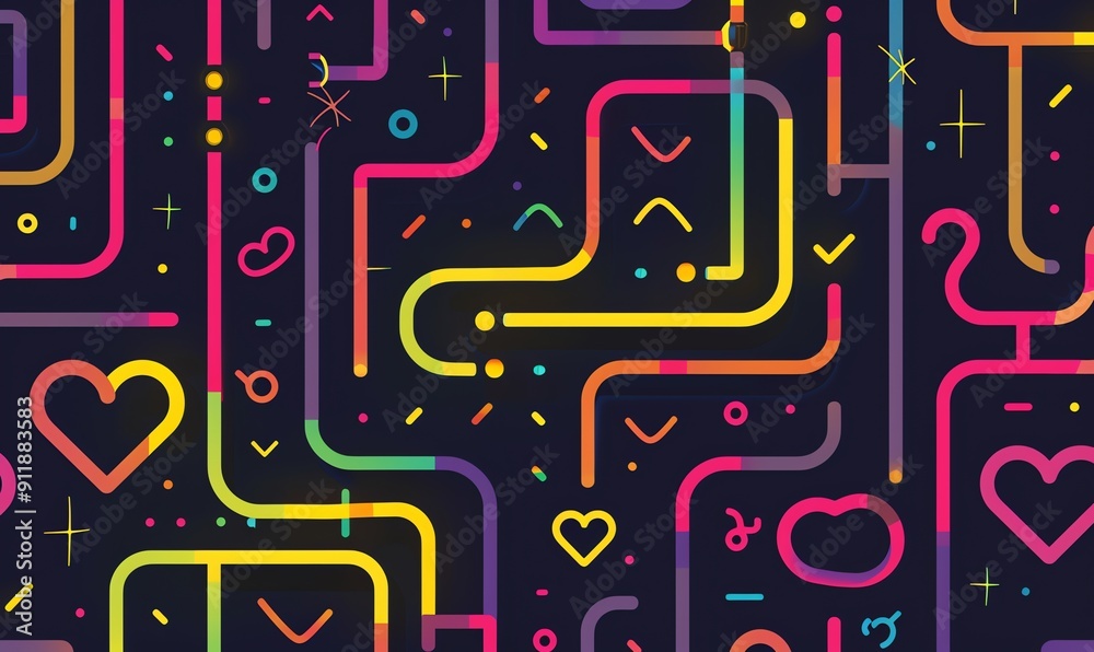Abstract Colorful Pattern with Geometric Shapes and Hearts on a Dark Background Abstract Colorful Pattern with Geometric Shapes and Hearts on a Dark Background
