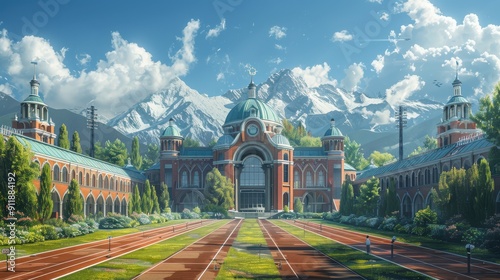 A Majestic Athletic Facility Surrounded by Snow-Capped Mountains on a Clear Day