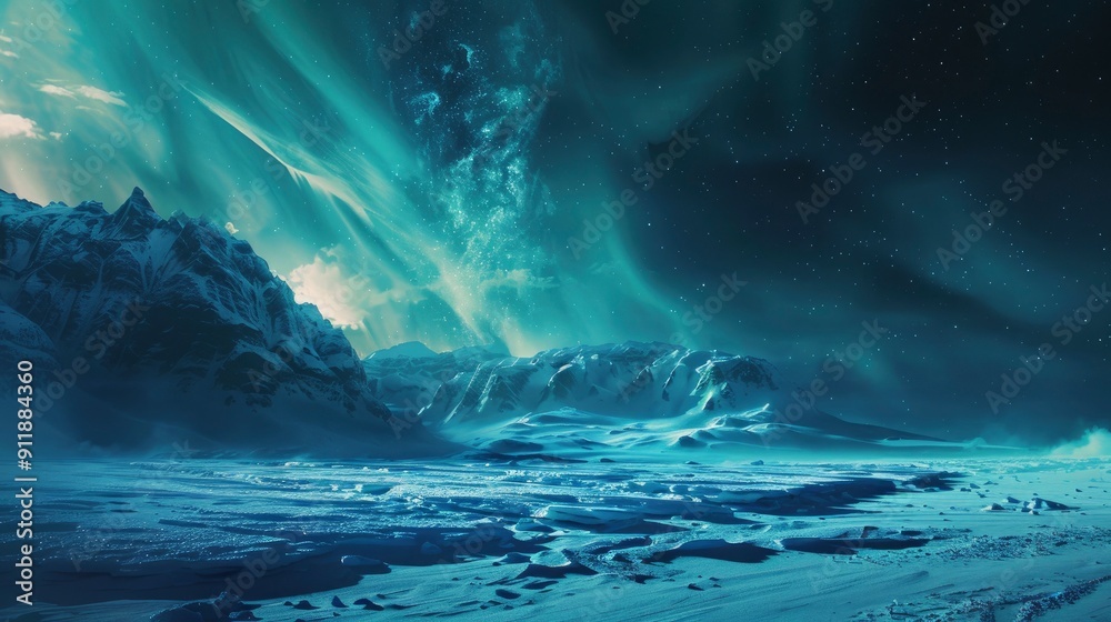 Naklejka premium Frozen landscape illuminated by northern lights