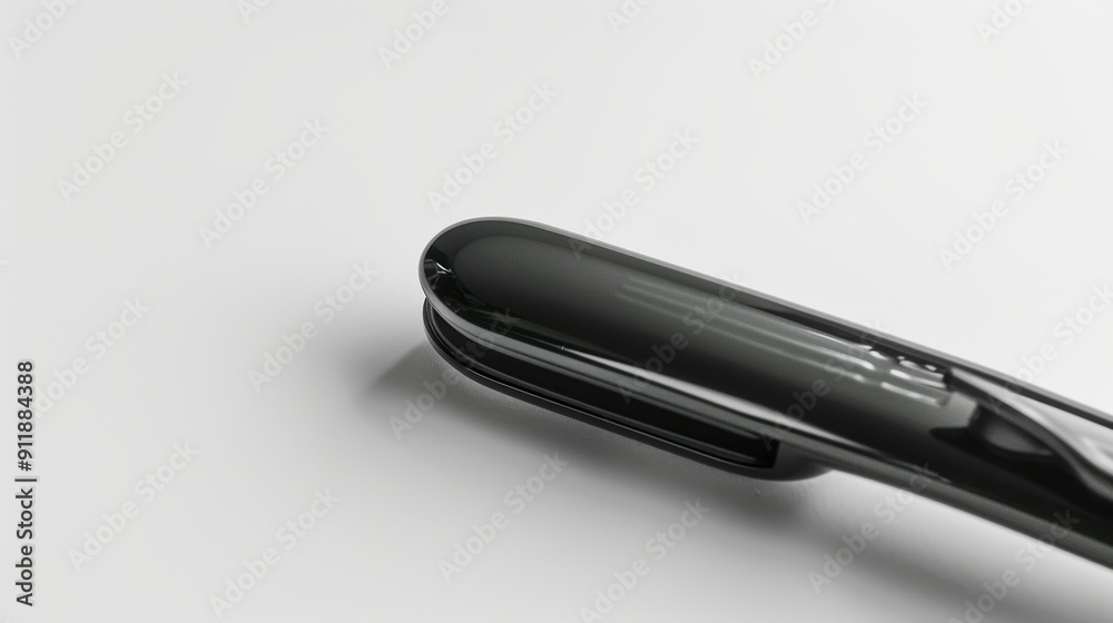 Black hair straightener lying on a white surface, showcasing its sleek and modern design Black hair straightener lying on a white surface, showcasing its sleek and modern design