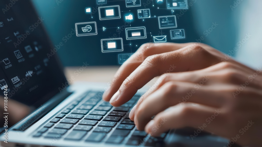 Hands typing on a keyboard with multiple online payment service logos floating above Hands typing on a keyboard with multiple online payment service logos floating above
