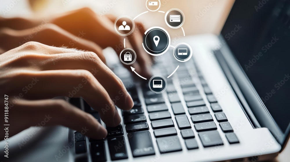 Hands typing on a keyboard with multiple online payment service logos floating above
