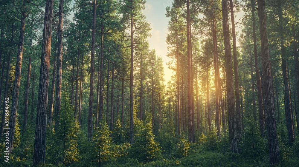 Pine forest, tall coniferous trees, cool lighting