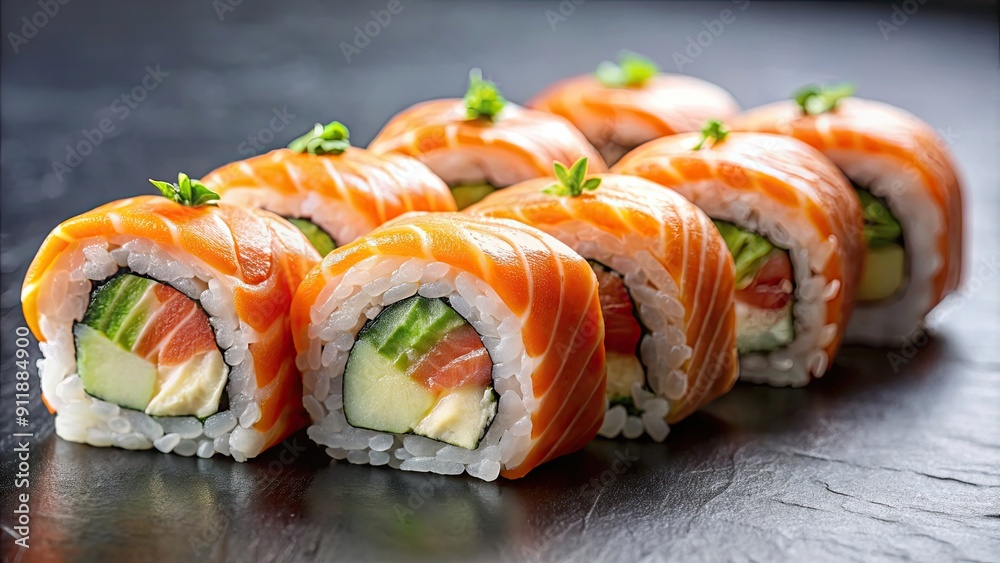 Fresh sushi rolls with slices of fresh salmon on top , sushi, salmon, Japanese, cuisine, seafood, raw, gourmet, delicious, traditional Fresh sushi rolls with slices of fresh salmon on top , sushi, salmon, Japanese, cuisine, seafood, raw, gourmet, delicious, traditional