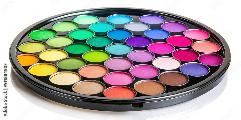 Vibrant multicolor eyeshadow palette with shades of pink, purple, blue, green, and yellow, arranged in a circular design on a sleek compact case. Vibrant multicolor eyeshadow palette with shades of pink, purple, blue, green, and yellow, arranged in a circular design on a sleek compact case.