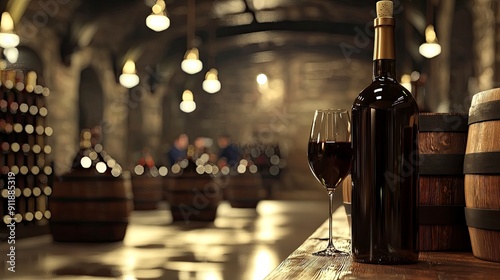 Winery, staff bottling and tasting wines, soft lighting