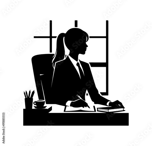 A businesswoman silhouette in the office, figuration isolated on white background