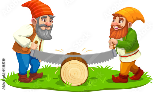Cartoon gnome dwarf characters sawing a log with saw. Fairytale lumberjack or logger garden gnome vector personages. Cute fantasy dwarfs in magic hats sawing wood tree trunk, firewood harvesting scene