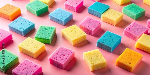 Vibrant pastel pink background showcases a creative and colorful arrangement of cleaning sponges, conveying a refreshing and playful twist on daily cleaning and disinfection routines. photo