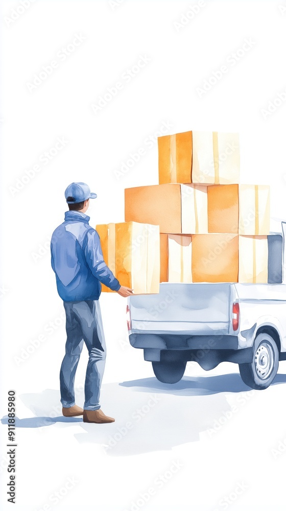 Naklejka premium Delivery service, courier with packages, doorstep delivery, Watercolor style
