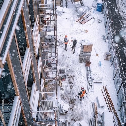 Construction Workers Collaborate on Site in Snowy Conditions at Urban Development Site During Winter