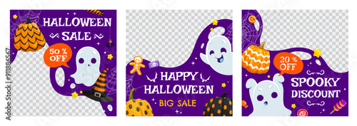 Halloween sale banner templates with cute kawaii ghosts and colorful pumpkins, vector backgrounds. Halloween holiday discount stickers for shop window with monster candy sweets and boo ghost character