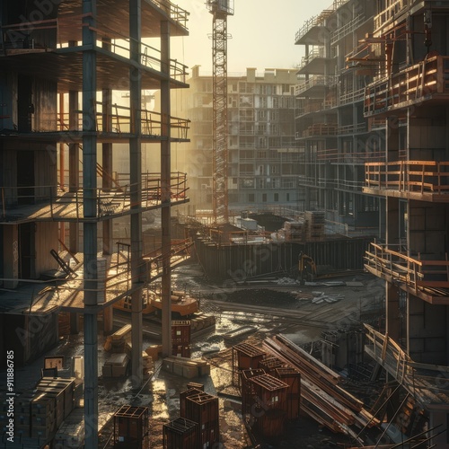 Construction Site at Sunrise Surrounded by Building Framework and Machinery