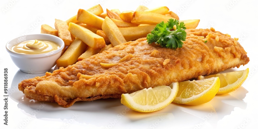 Crunchy battered fish and golden chips arranged artfully on a crisp white background, evoking the comforting flavors and nostalgia of traditional British cuisine. Crunchy battered fish and golden chips arranged artfully on a crisp white background, evoking the comforting flavors and nostalgia of traditional British cuisine.