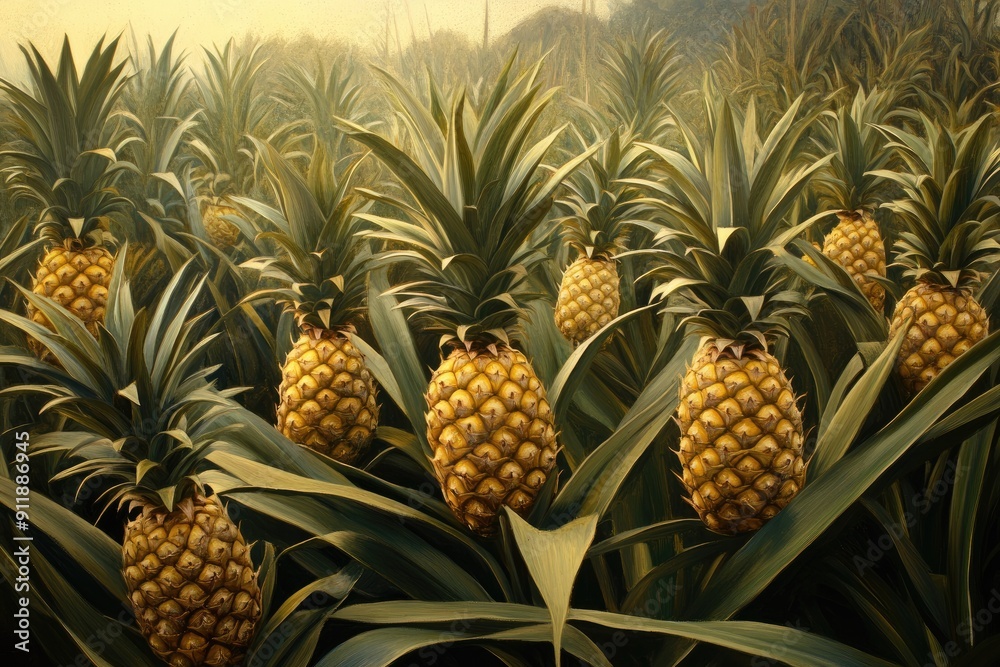 A painting of a field of pineapple plants. The painting is full of green leaves and yellow pineapples A painting of a field of pineapple plants. The painting is full of green leaves and yellow pineapples