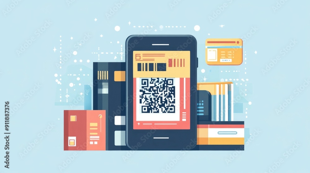 of a mobile wallet with QR code scanning feature for seamless and secure digital payment transactions Flat design concept representing the modern cashless society and financial technology of a mobile wallet with QR code scanning feature for seamless and secure digital payment transactions Flat design concept representing the modern cashless society and financial technology