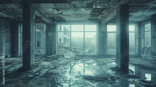 Desolate Interior of Abandoned Building With Broken Windows and Debris