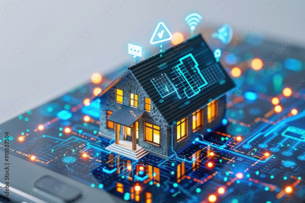 A house is displayed on a phone screen with a blue and orange background A house is displayed on a phone screen with a blue and orange background