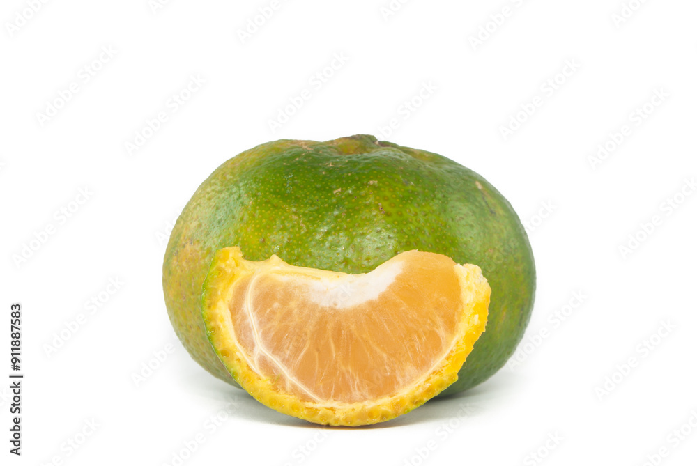 Ripe green mandarin isolated with inner fruit on white background Ripe green mandarin isolated with inner fruit on white background