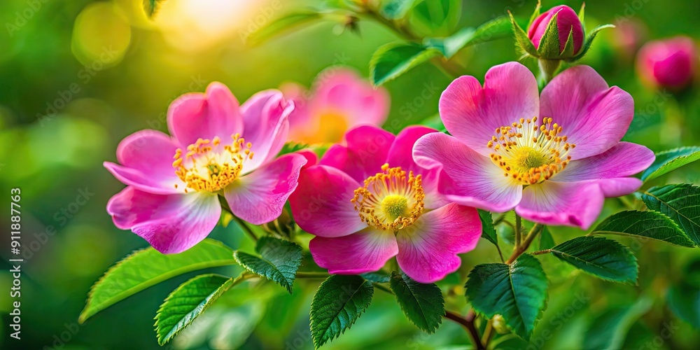 Close up of vibrant rosehip flowers blooming in late May, floral, garden, botanical, springtime, blossoms, nature, colorful Close up of vibrant rosehip flowers blooming in late May, floral, garden, botanical, springtime, blossoms, nature, colorful