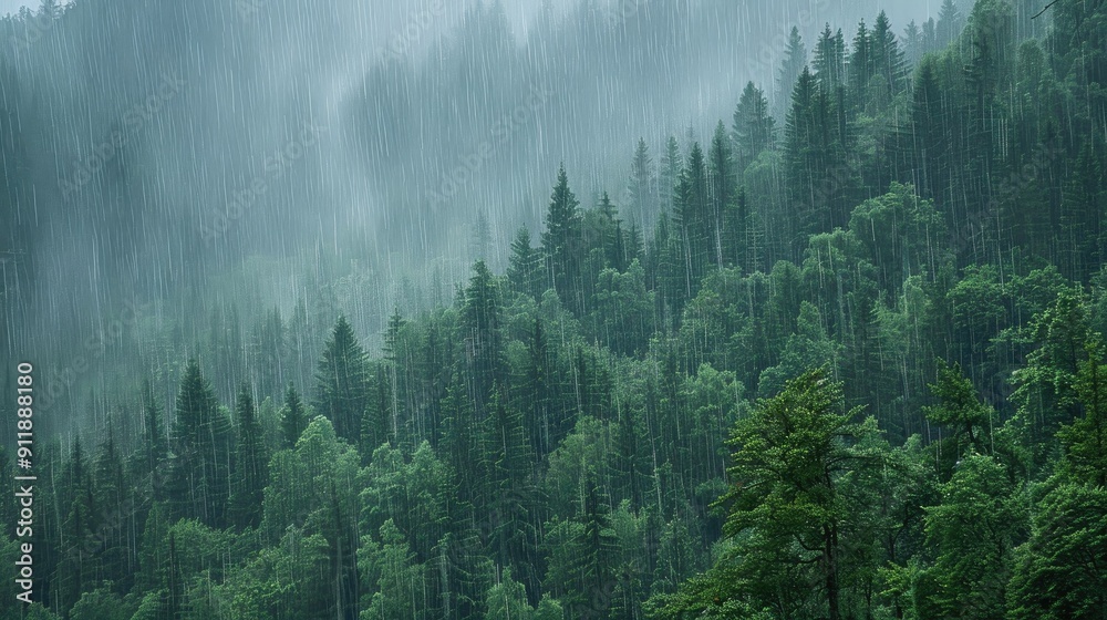 Obraz premium Rain-Soaked Evergreen Forest