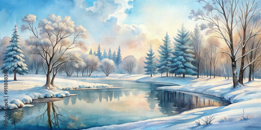 Watercolor painting of a serene winter landscape with snow-covered trees and a frozen pond, watercolor, landscape, winter, scene Watercolor painting of a serene winter landscape with snow-covered trees and a frozen pond, watercolor, landscape, winter, scene