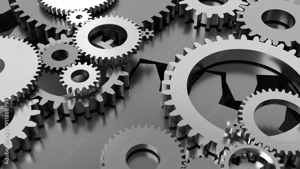 mechanical engineering industry cogwheels and gears rotation 3d representation. Can be used to represent precision mechanical components, teamwork cooperation or an engine robotic maintenance mechanical engineering industry cogwheels and gears rotation 3d representation. Can be used to represent precision mechanical components, teamwork cooperation or an engine robotic maintenance