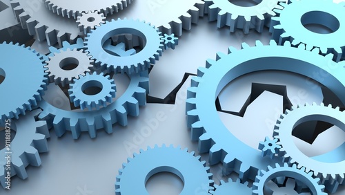 mechanical engineering industry cogwheels and gears rotation 3d representation. Can be used to represent precision mechanical components, teamwork cooperation or an engine robotic maintenance