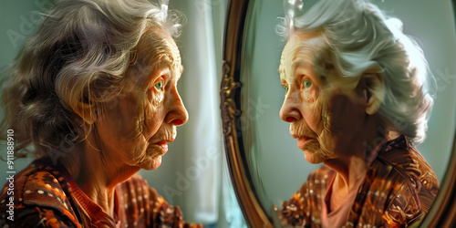 Moving depiction of an elderly woman gazing into a mirror reflecting her younger self, perfectly capturing the nostalgia and yearn for youth. 