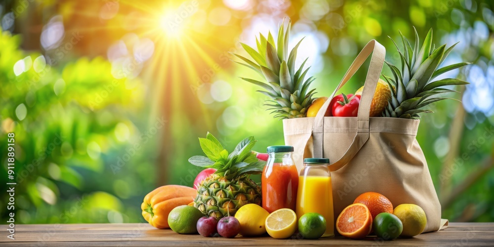 Colorful reusable tote bag overflowing with fresh tropical fruits, juices, and leaves, symbolizing a healthy and sustainable lifestyle on a bright and sunny background. Colorful reusable tote bag overflowing with fresh tropical fruits, juices, and leaves, symbolizing a healthy and sustainable lifestyle on a bright and sunny background.