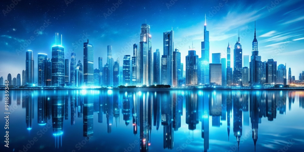Futuristic cityscape with blue tones and water reflections, futuristic, cityscape, blue, shades, reflections, calm, water Futuristic cityscape with blue tones and water reflections, futuristic, cityscape, blue, shades, reflections, calm, water