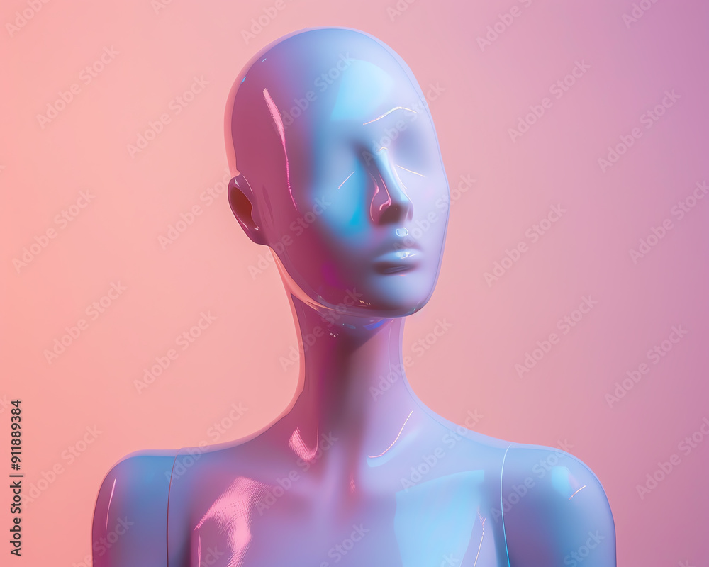 A mannequin head and shoulders on a pink background. A mannequin head and shoulders on a pink background.