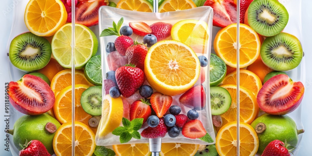 Vibrant fruit slices surround a clear IV drip bag filled with radiant liquid, symbolizing a refreshing and rejuvenating infusion therapy session for overall wellness. Vibrant fruit slices surround a clear IV drip bag filled with radiant liquid, symbolizing a refreshing and rejuvenating infusion therapy session for overall wellness.