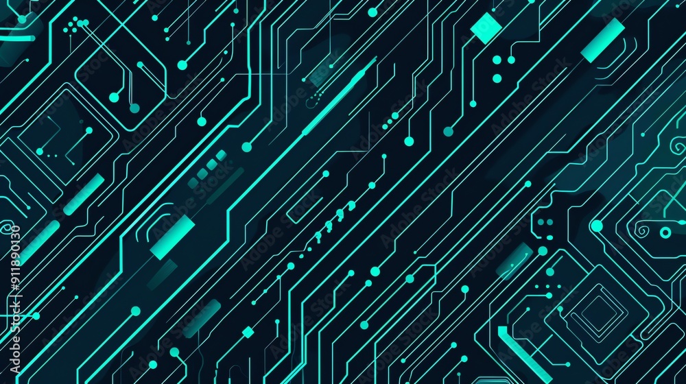 Detailed teal and black circuit board background featuring intricate electronic lines and patterns Detailed teal and black circuit board background featuring intricate electronic lines and patterns