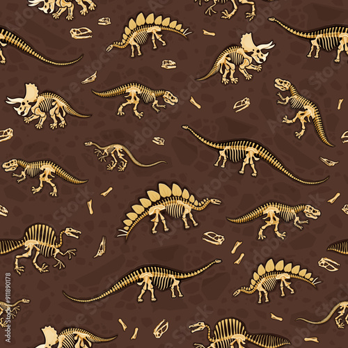 Dinosaur fossils seamless pattern features dino bones and skeletons arranged on a brown, textured soil background. Vector tile, wallpaper or textile with cartoon skeletal structures of dinosaurs