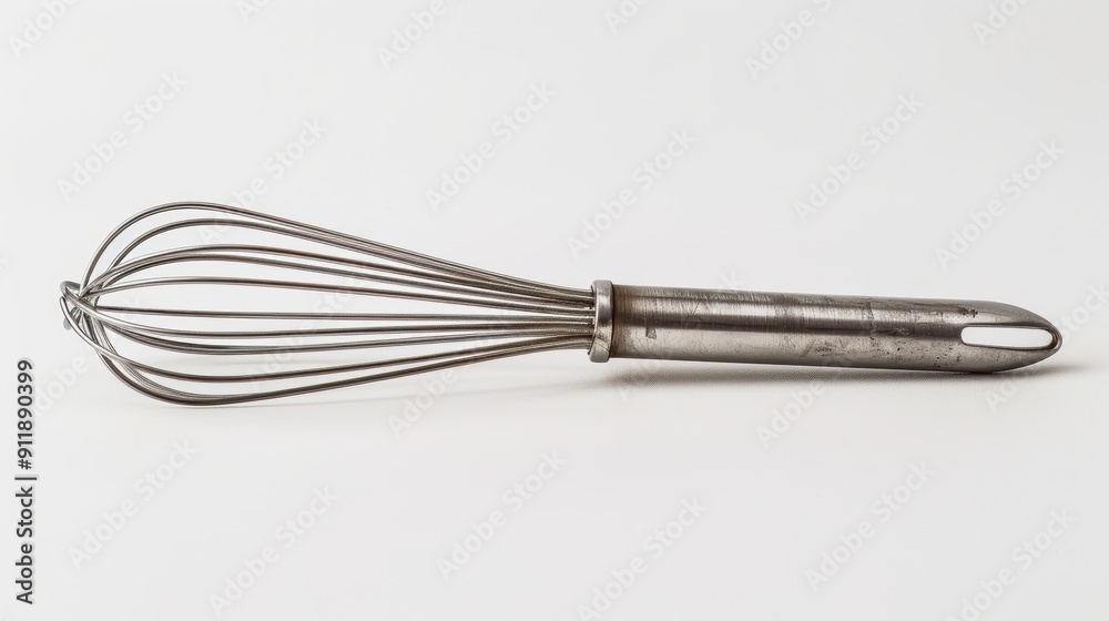Stainless steel whisk is lying on a white background, ready to be used for cooking or baking Stainless steel whisk is lying on a white background, ready to be used for cooking or baking