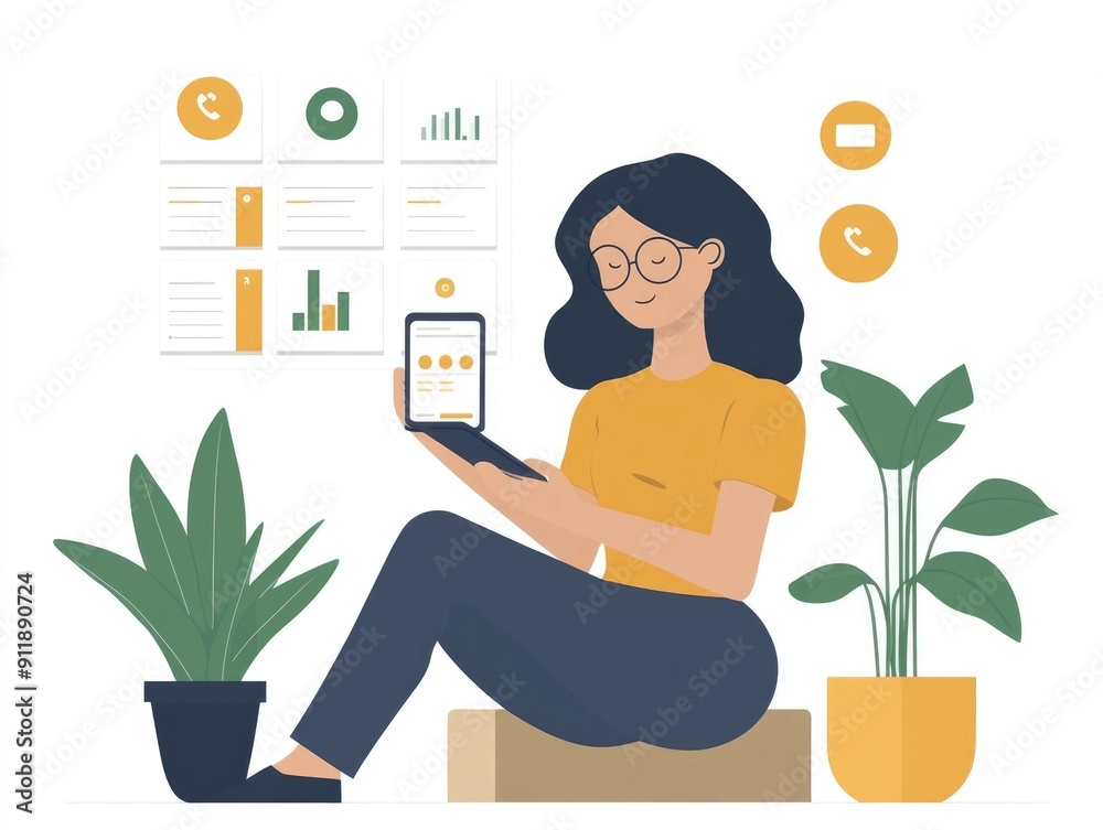 Young professional woman sitting at her desk using a financial app on her smartphone in a modern minimalist home office setup with plants and other decor elements Young professional woman sitting at her desk using a financial app on her smartphone in a modern minimalist home office setup with plants and other decor elements