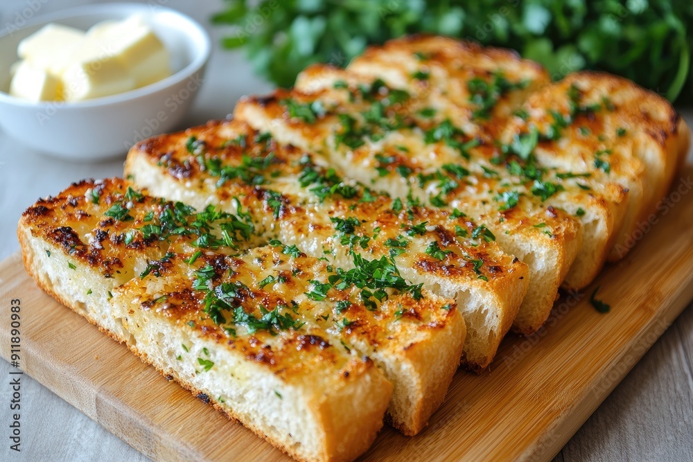 A plate of bread with parsley on top. The bread is cut into small pieces and is sitting on a wooden cutting board. There is a bowl of butter on the table next to the bread A plate of bread with parsley on top. The bread is cut into small pieces and is sitting on a wooden cutting board. There is a bowl of butter on the table next to the bread