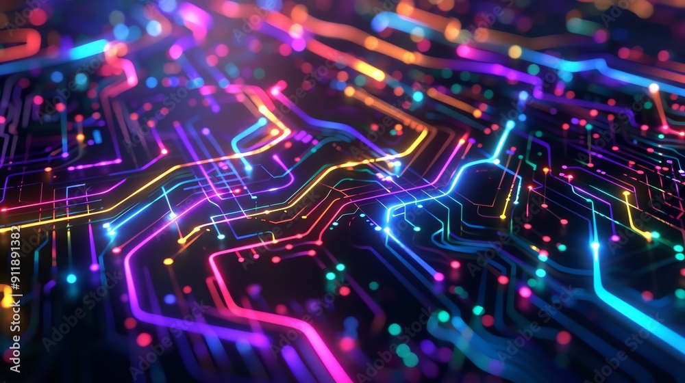 Abstract Circuit Board with Glowing Neon Lights and Colorful Nodes Digital Technology Background Abstract Circuit Board with Glowing Neon Lights and Colorful Nodes Digital Technology Background