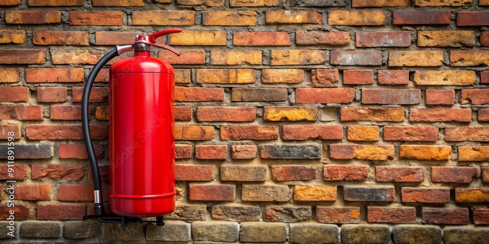 A red fire extinguisher is securely attached to a weathered brick wall, ready for immediate use in case of emergency, promoting fire safety awareness. A red fire extinguisher is securely attached to a weathered brick wall, ready for immediate use in case of emergency, promoting fire safety awareness.
