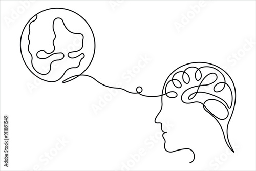 Human brain continuous one line drawing of art vector illustration and intelligence outline concept
