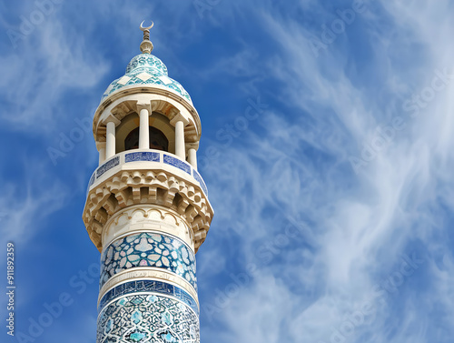 Traditional mosque architecture with dome and minaret, surrounded by desert landscape, during Muslim call to prayer.