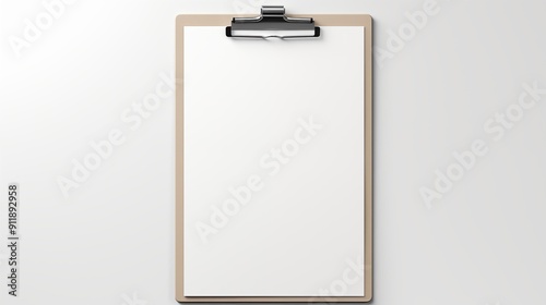 A blank clipboard mockup with a metal clip, resting on a light gray background. The clipboard is wooden with a smooth surface, ideal for holding documents or notes. photo