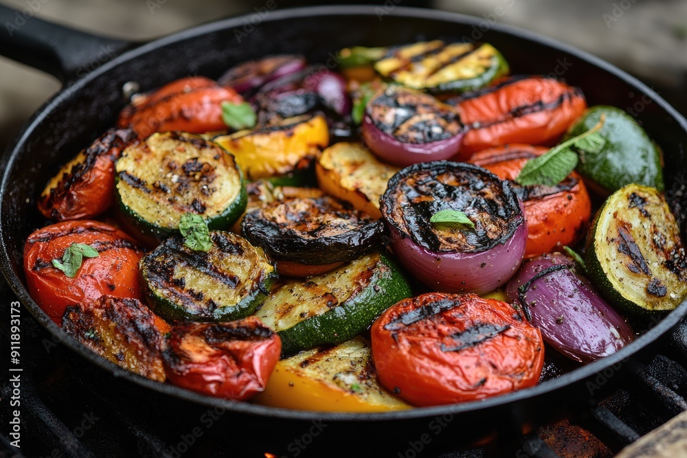 A pan of vegetables is being grilled on a grill. The vegetables include tomatoes, zucchini, and onions A pan of vegetables is being grilled on a grill. The vegetables include tomatoes, zucchini, and onions
