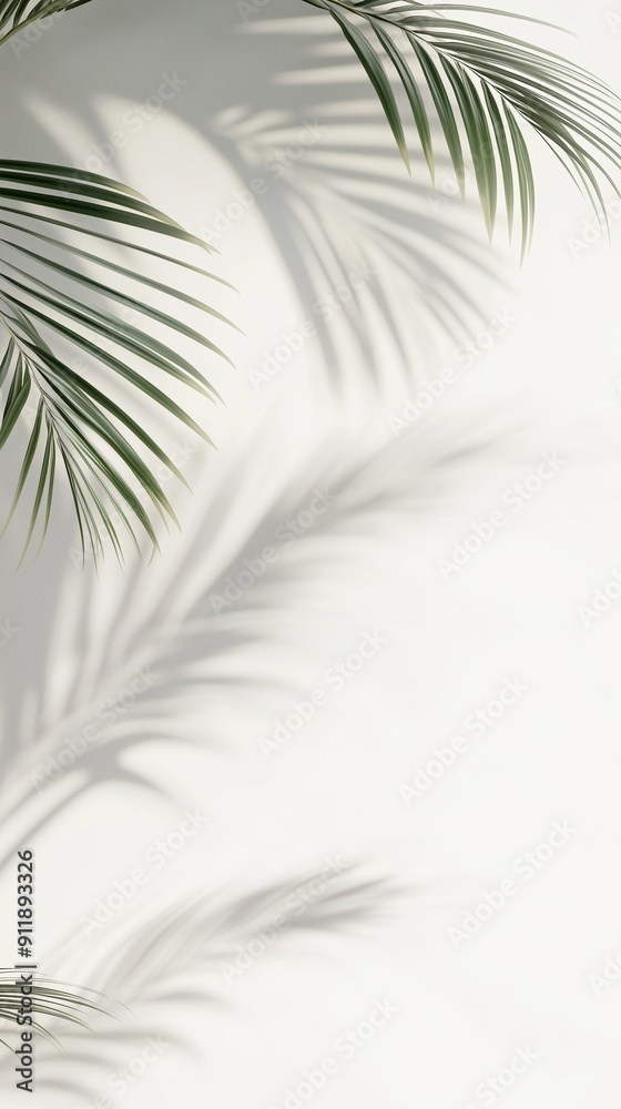 Fototapeta premium A minimalist background featuring green palm leaves casting shadows on a white wall. The interplay of light and shadow creates a serene and tropical atmosphere. Vertical orientation.