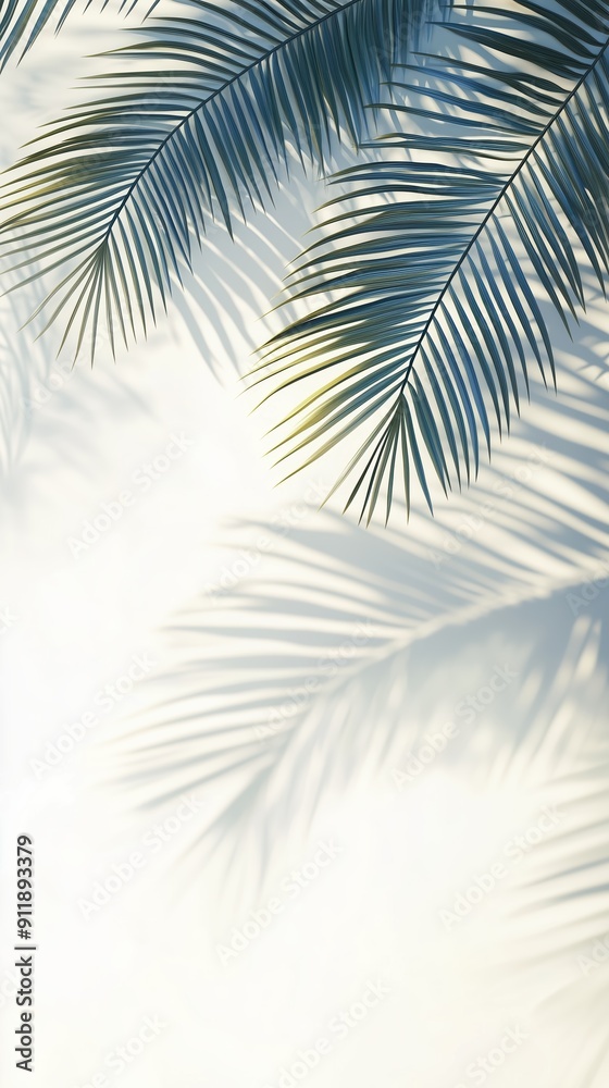 Obraz premium Close-up of palm leaves casting shadows on a light background, creating a serene and tropical atmosphere. Vertical orientation.